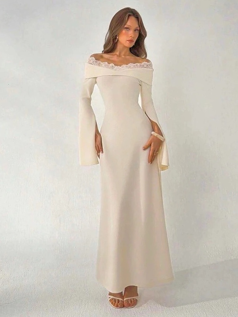 Off-Shoulder Lace-Trim Maxi Dress in Cream never worn